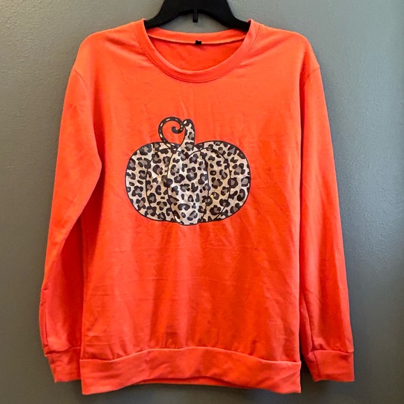Women’s Orange Leopard Pumpkin Sweatshirt Fall Halloween Sz S - Picture 2 of 7
